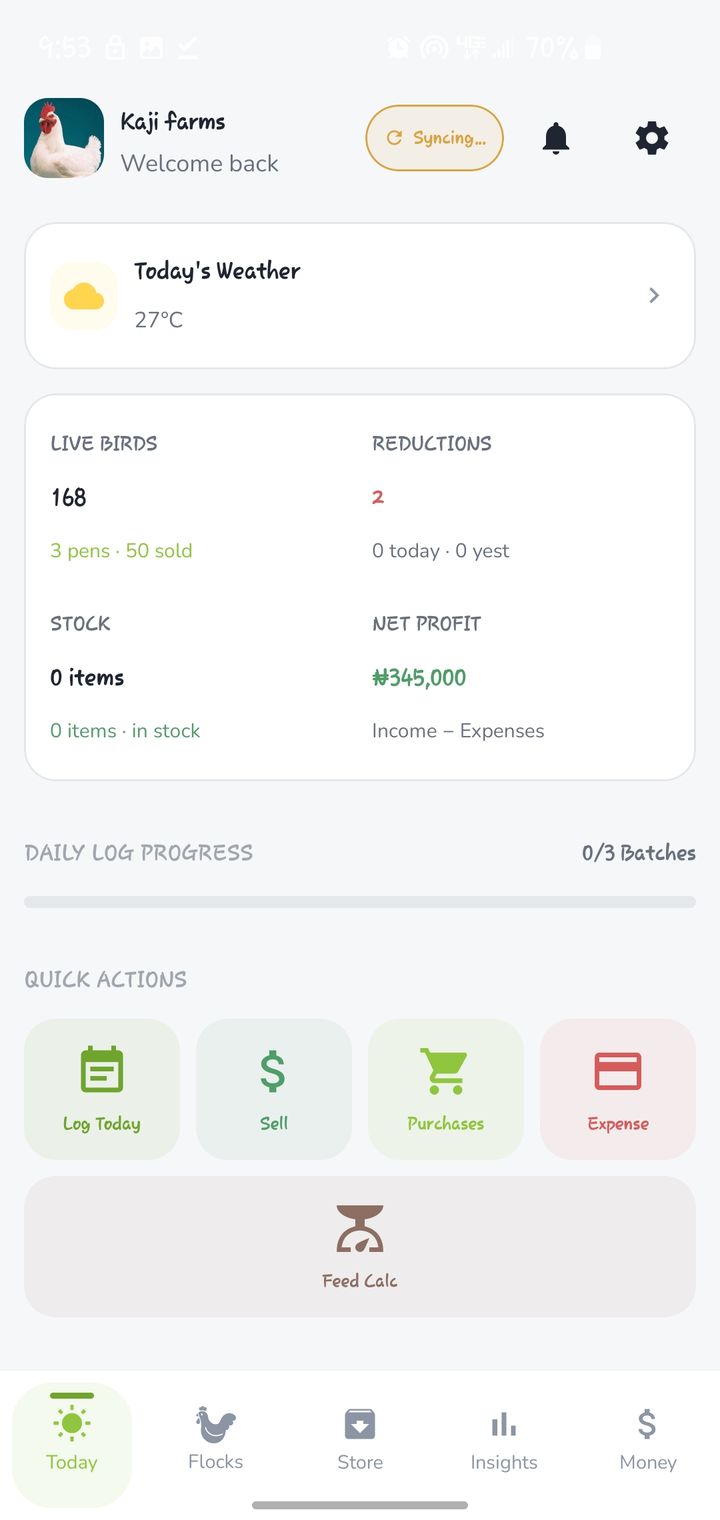 Kaji dashboard showing flock, feed and money signals