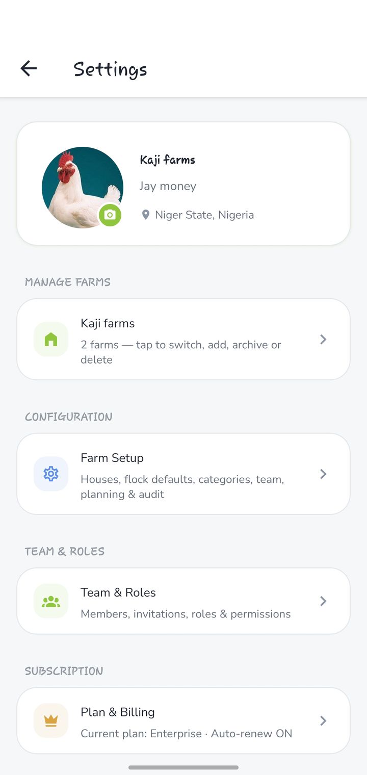 Kaji settings showing poultry farm team roles and preferences